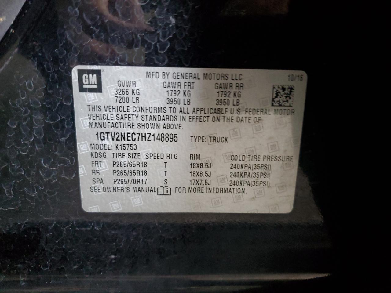 2017 GMC Sierra K1500 Slt VIN: 1GTV2NEC7HZ148895 Lot: 71991945