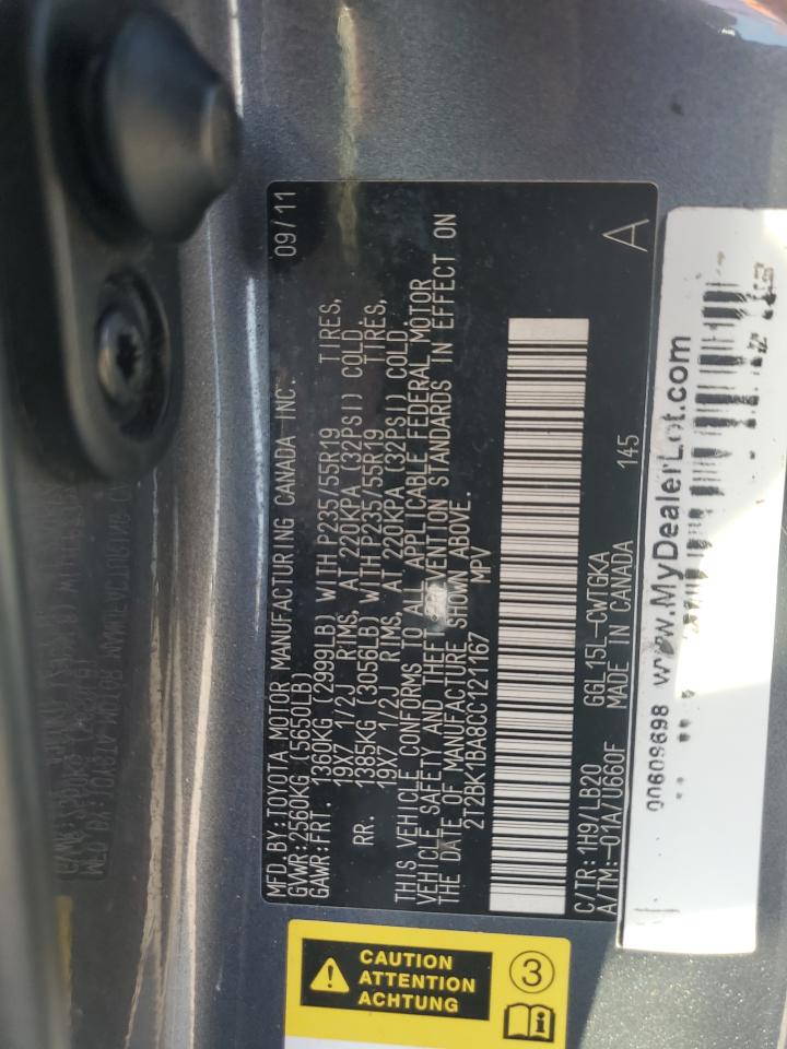 2012 Lexus Rx 350 VIN: 2T2BK1BA8CC121167 Lot: 70368625