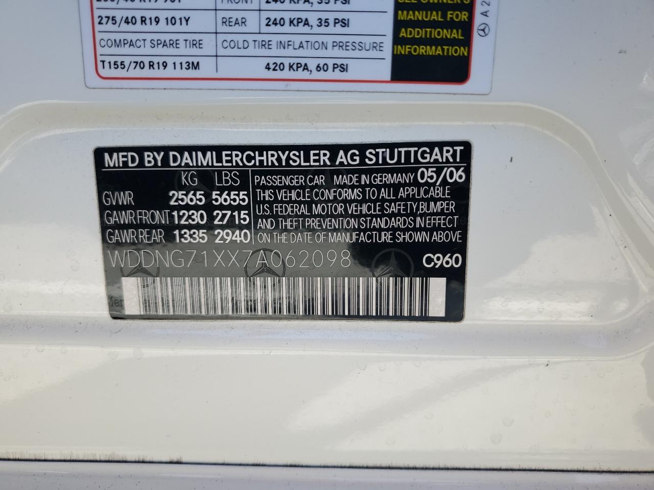 2007 Mercedes-Benz S 550 VIN: WDDNG71XX7A062098 Lot: 81850355