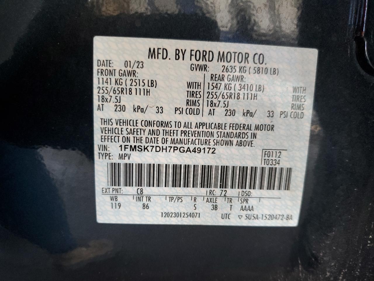 2023 Ford Explorer Xlt VIN: 1FMSK7DH7PGA49172 Lot: 72086415