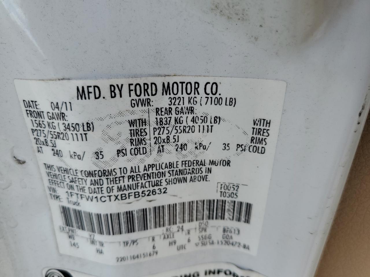 2011 Ford F150 Supercrew VIN: 1FTFW1CTXBFB52632 Lot: 80964385