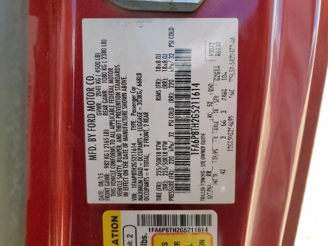 2016 Ford Mustang VIN: 1FA6P8TH2G5211614 Lot: 81828815