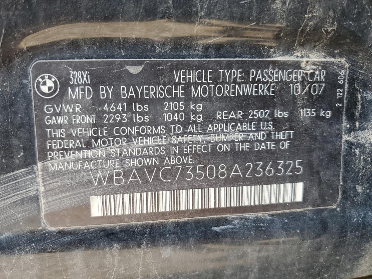 2008 BMW 328 Xi Sulev VIN: WBAVC73508A236325 Lot: 69020005