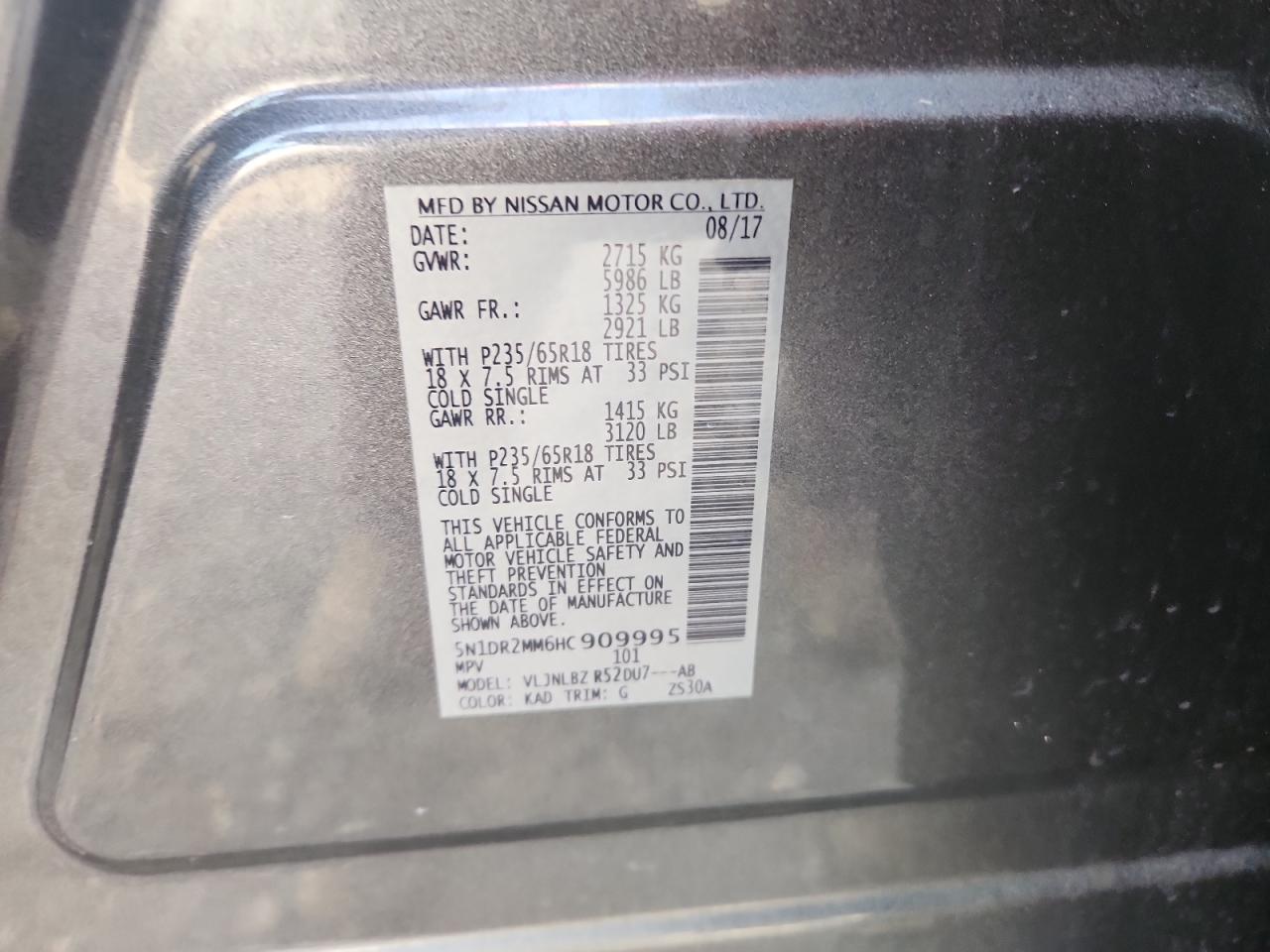 2017 Nissan Pathfinder S VIN: 5N1DR2MM6HC909995 Lot: 81543585