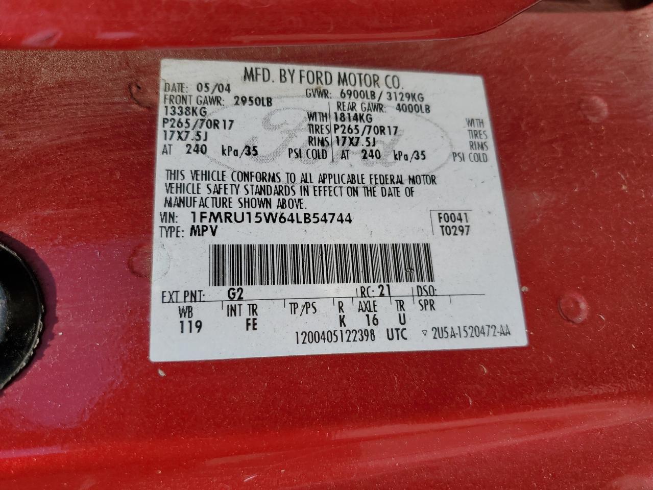 2004 Ford Expedition Xlt VIN: 1FMRU15W64LB54744 Lot: 80657735