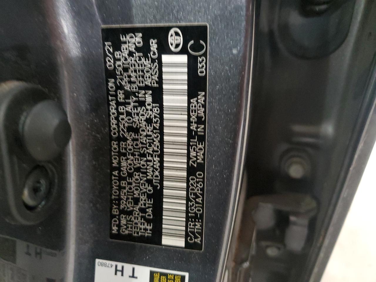 2021 Toyota Prius Special Edition VIN: JTDKAMFU5M3143781 Lot: 81028565