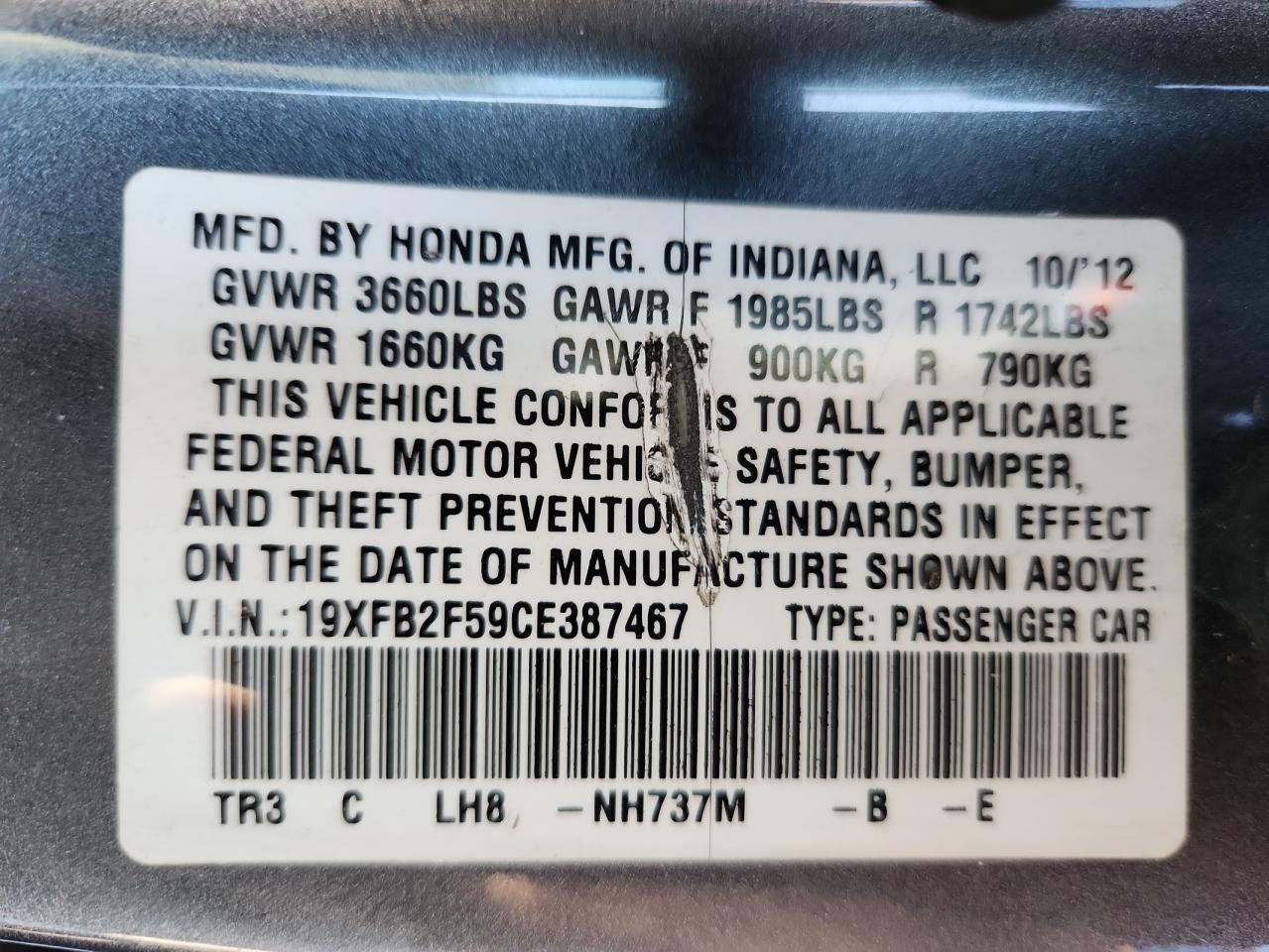 2012 Honda Civic Lx VIN: 19XFB2F59CE387467 Lot: 80744435