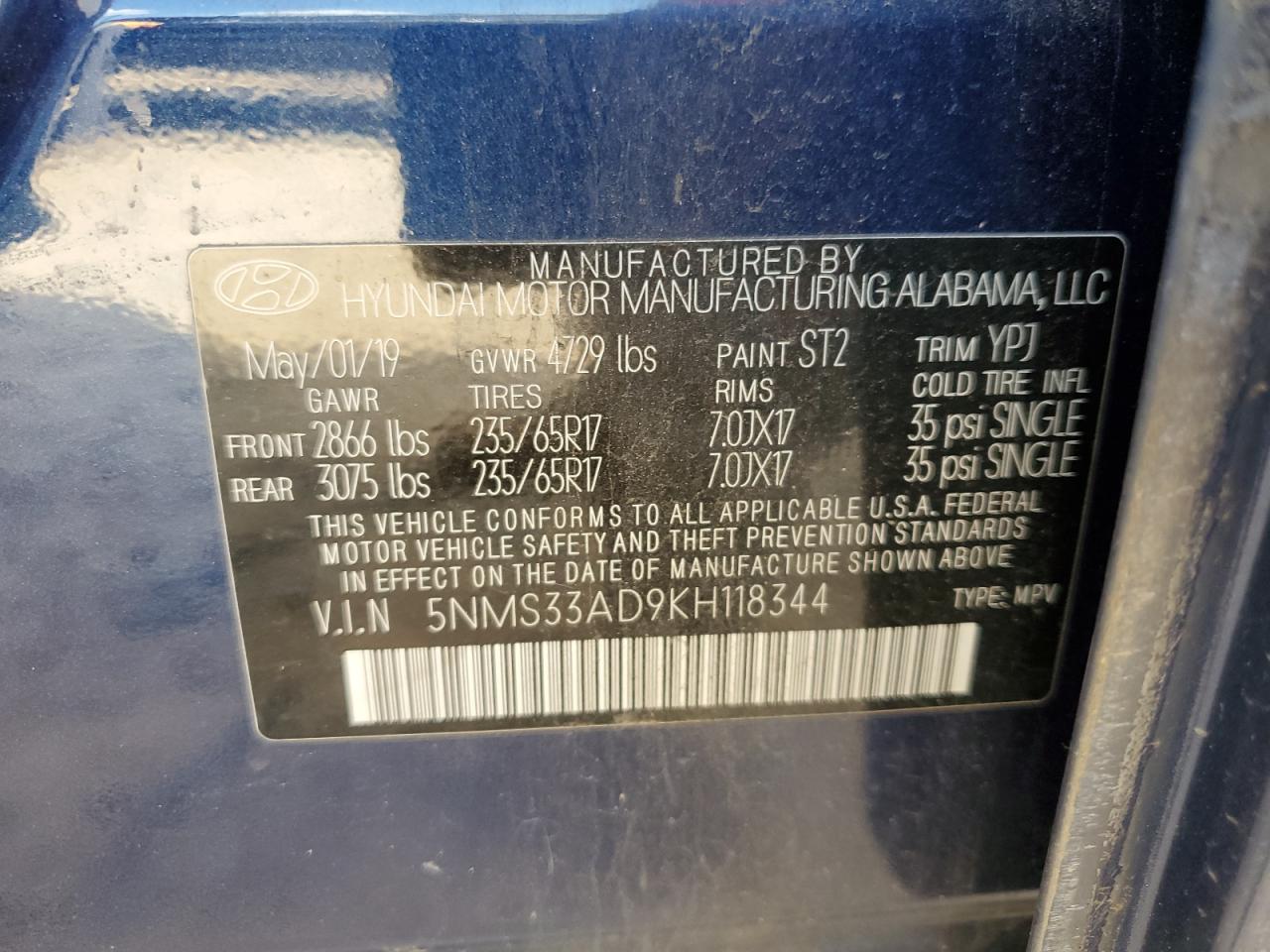 2019 Hyundai Santa Fe Sel VIN: 5NMS33AD9KH118344 Lot: 81745955
