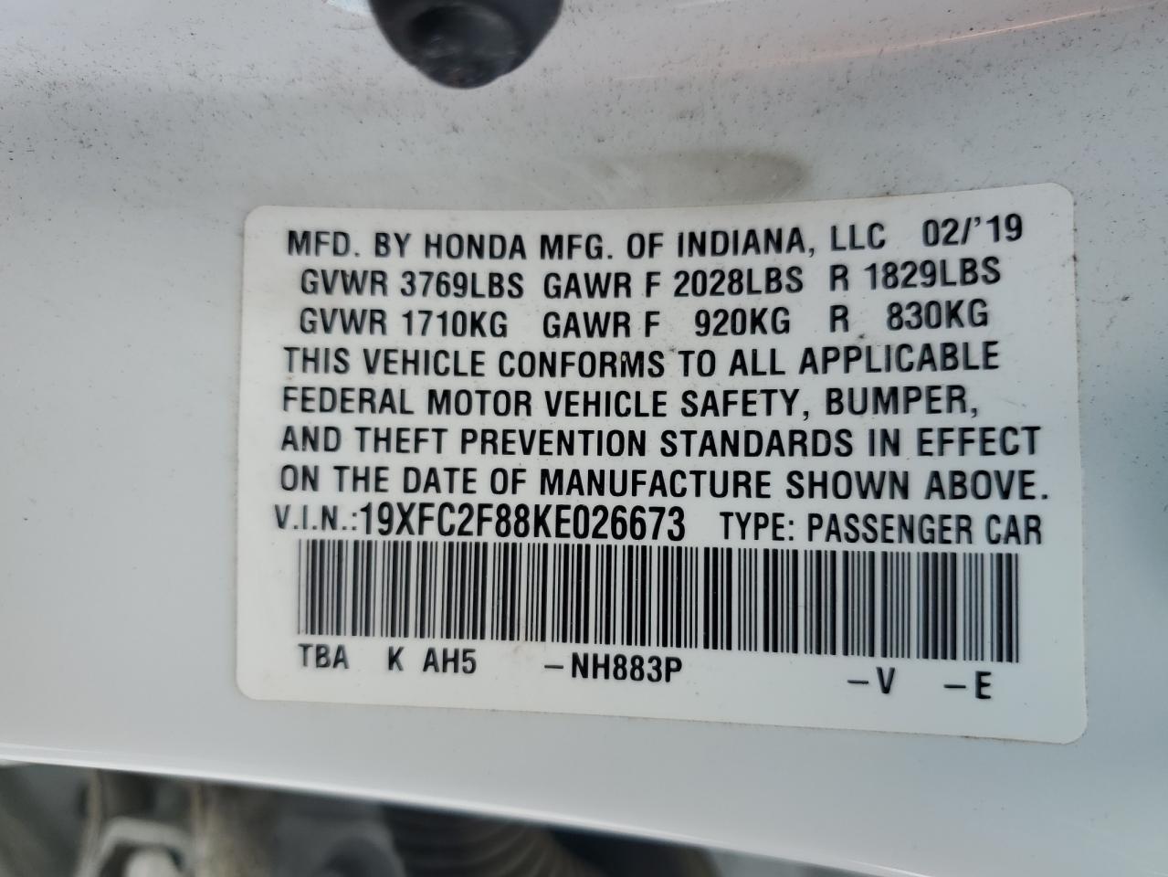 2019 Honda Civic Sport VIN: 19XFC2F88KE026673 Lot: 71047395