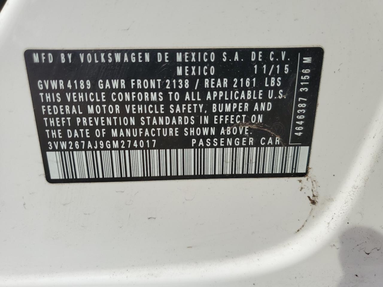 2016 Volkswagen Jetta S VIN: 3VW267AJ9GM274017 Lot: 71641535