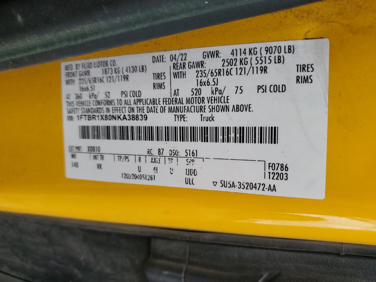 2022 Ford Transit T-250 VIN: 1FTBR1X80NKA38839 Lot: 84260765