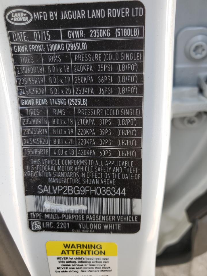 2015 Land Rover Range Rover Evoque Pure Plus VIN: SALVP2BG9FH036344 Lot: 80291675