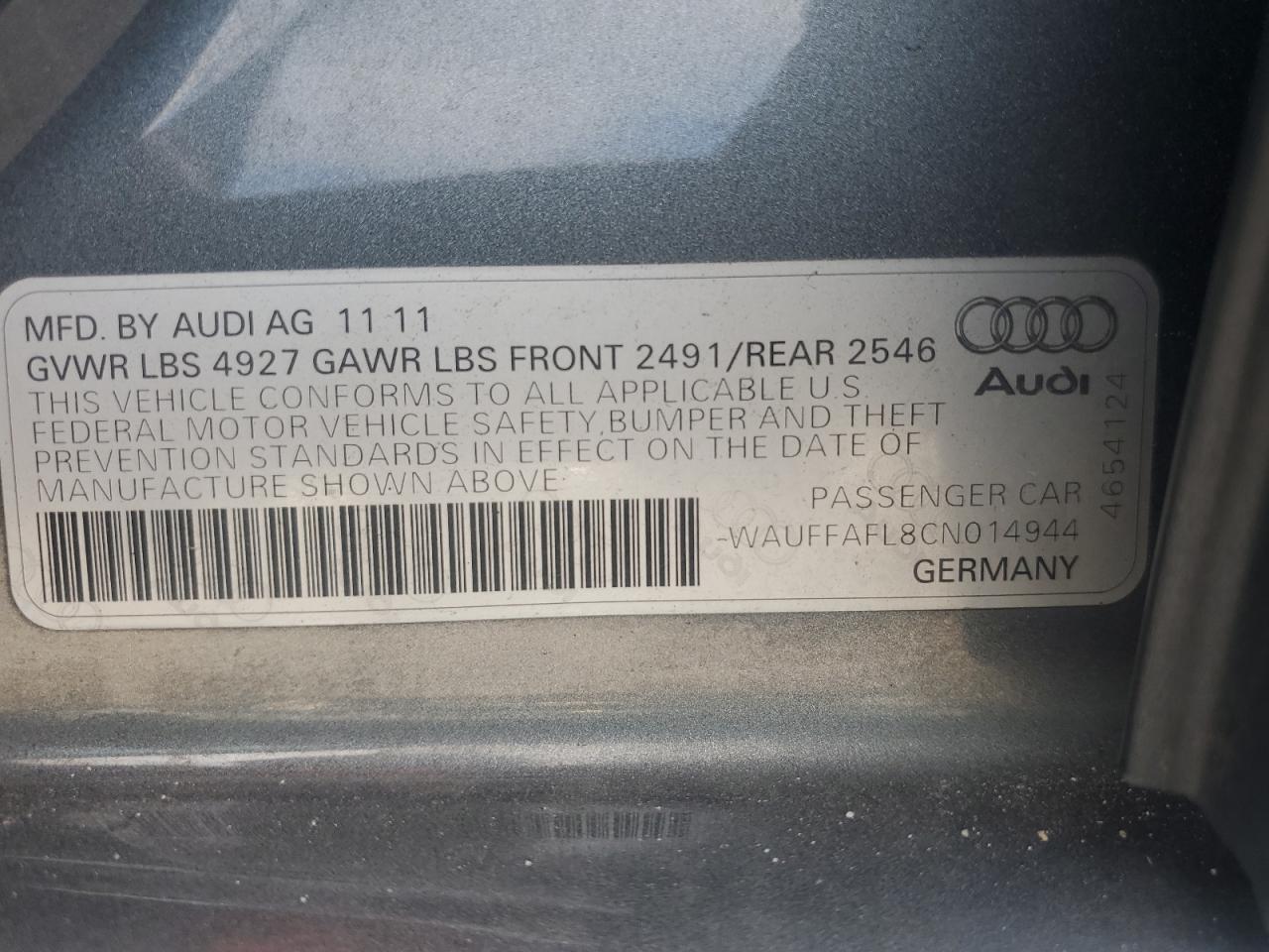 2012 Audi A4 Premium Plus VIN: WAUFFAFL8CN014944 Lot: 70550195
