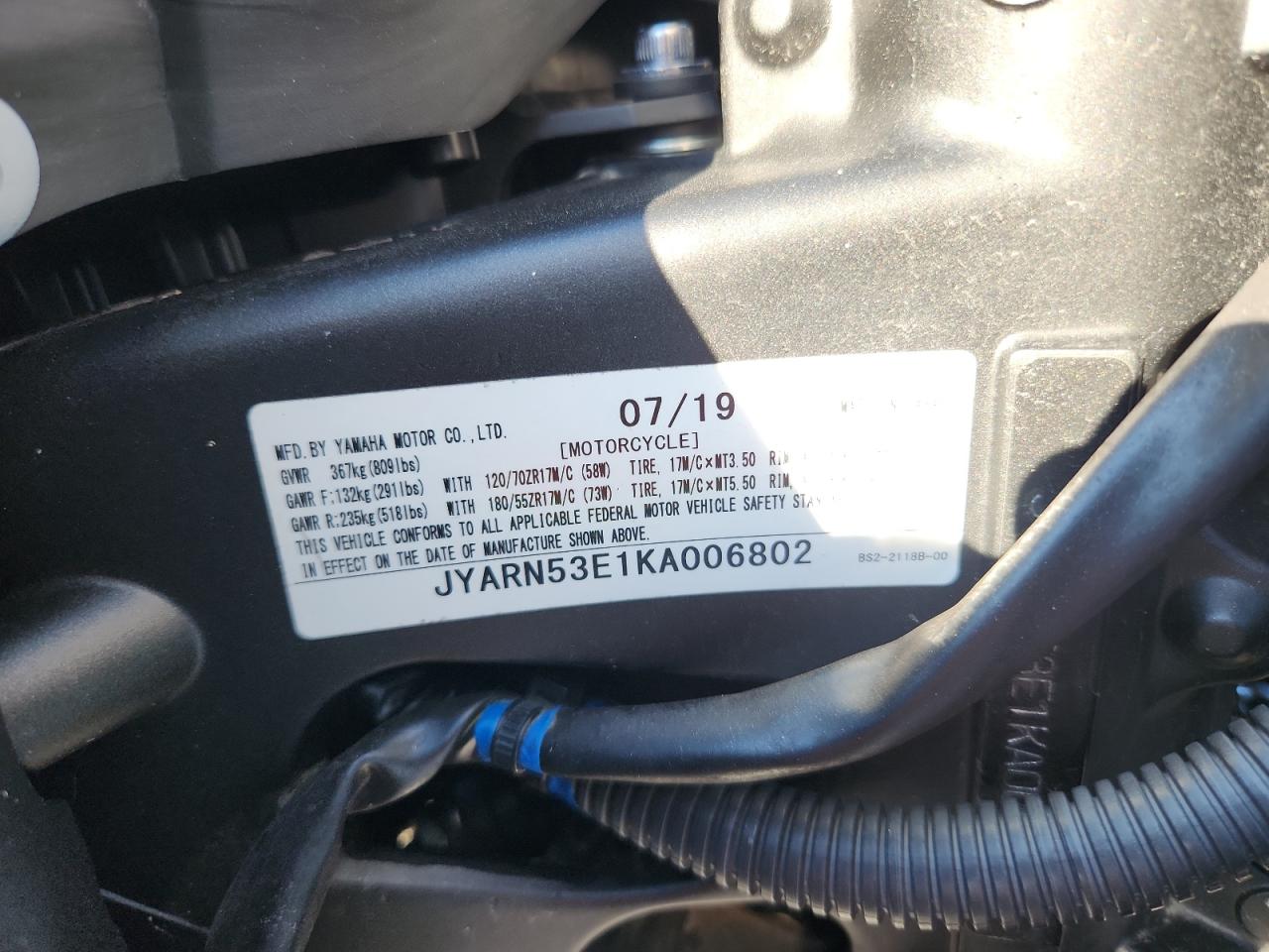 2019 Yamaha Mt09 VIN: JYARN53E1KA006802 Lot: 70723195