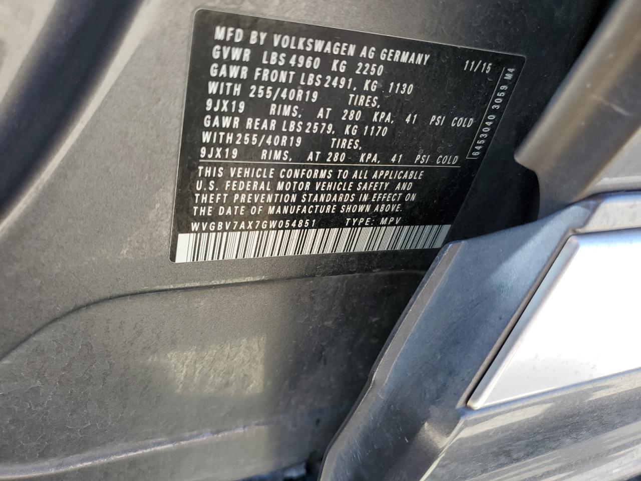 2016 Volkswagen Tiguan S VIN: WVGBV7AX7GW054851 Lot: 83851145
