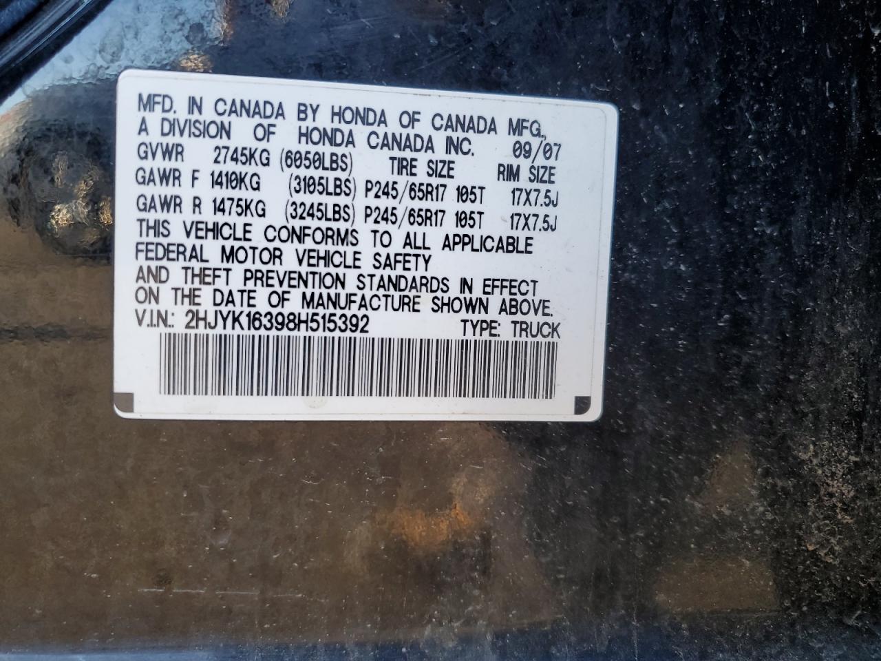2008 Honda Ridgeline Rtx VIN: 2HJYK16398H515392 Lot: 81158275