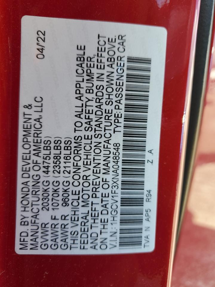 2022 Honda Accord Sport VIN: 1HGCV1F3XNA048548 Lot: 81790805