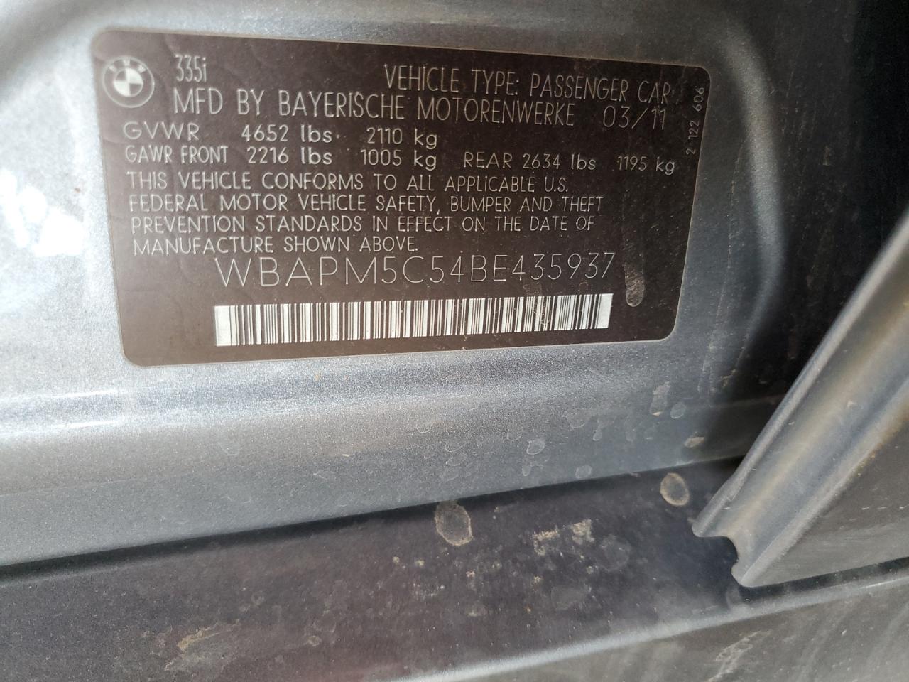 2011 BMW 335 I VIN: WBAPM5C54BE435937 Lot: 81325585
