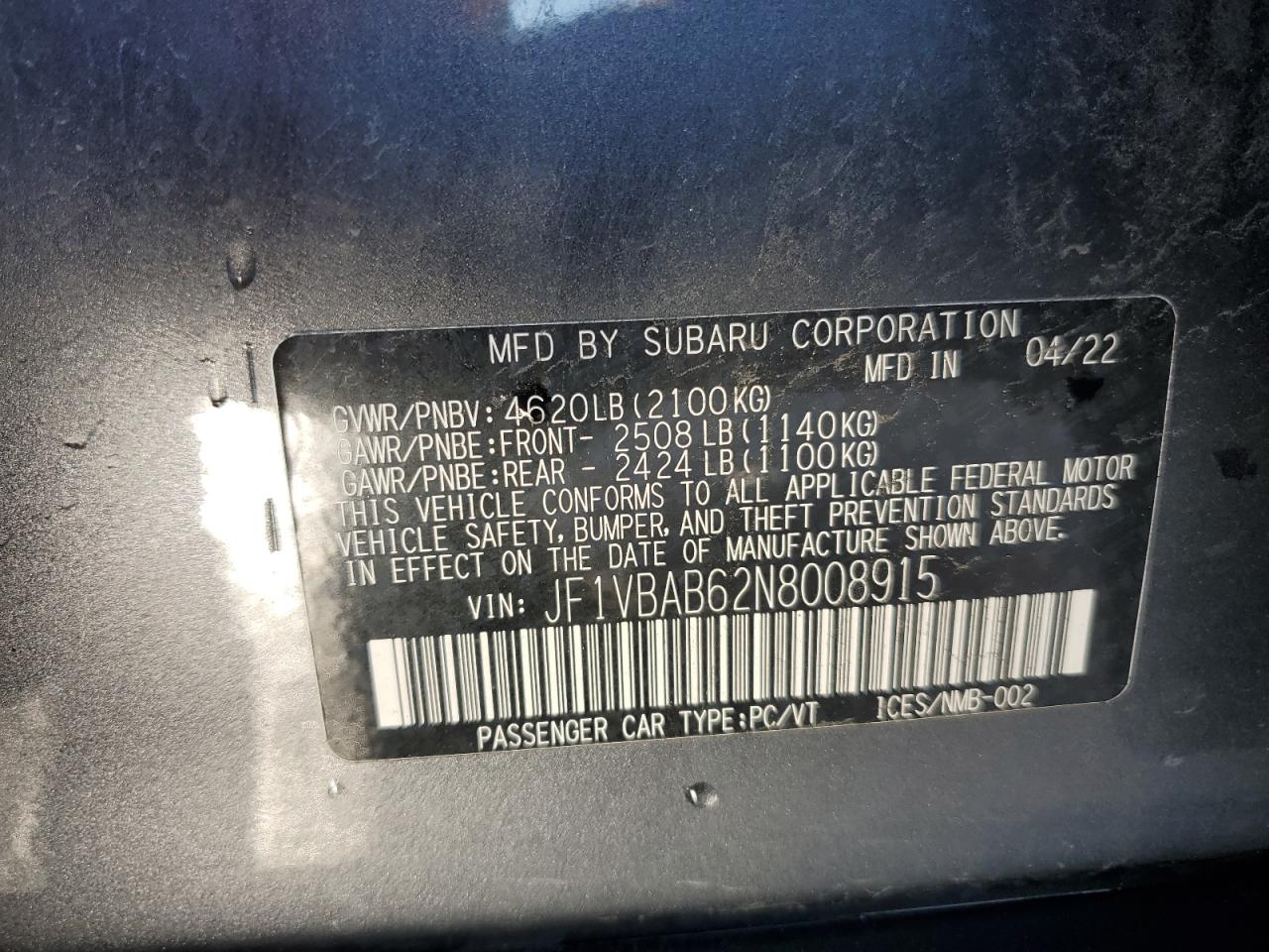 2022 Subaru Wrx VIN: JF1VBAB62N8008915 Lot: 81048565