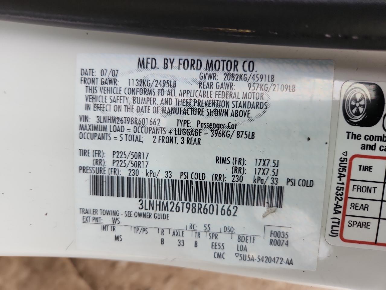 2008 Lincoln Mkz VIN: 3LNHM26T98R601662 Lot: 71647315