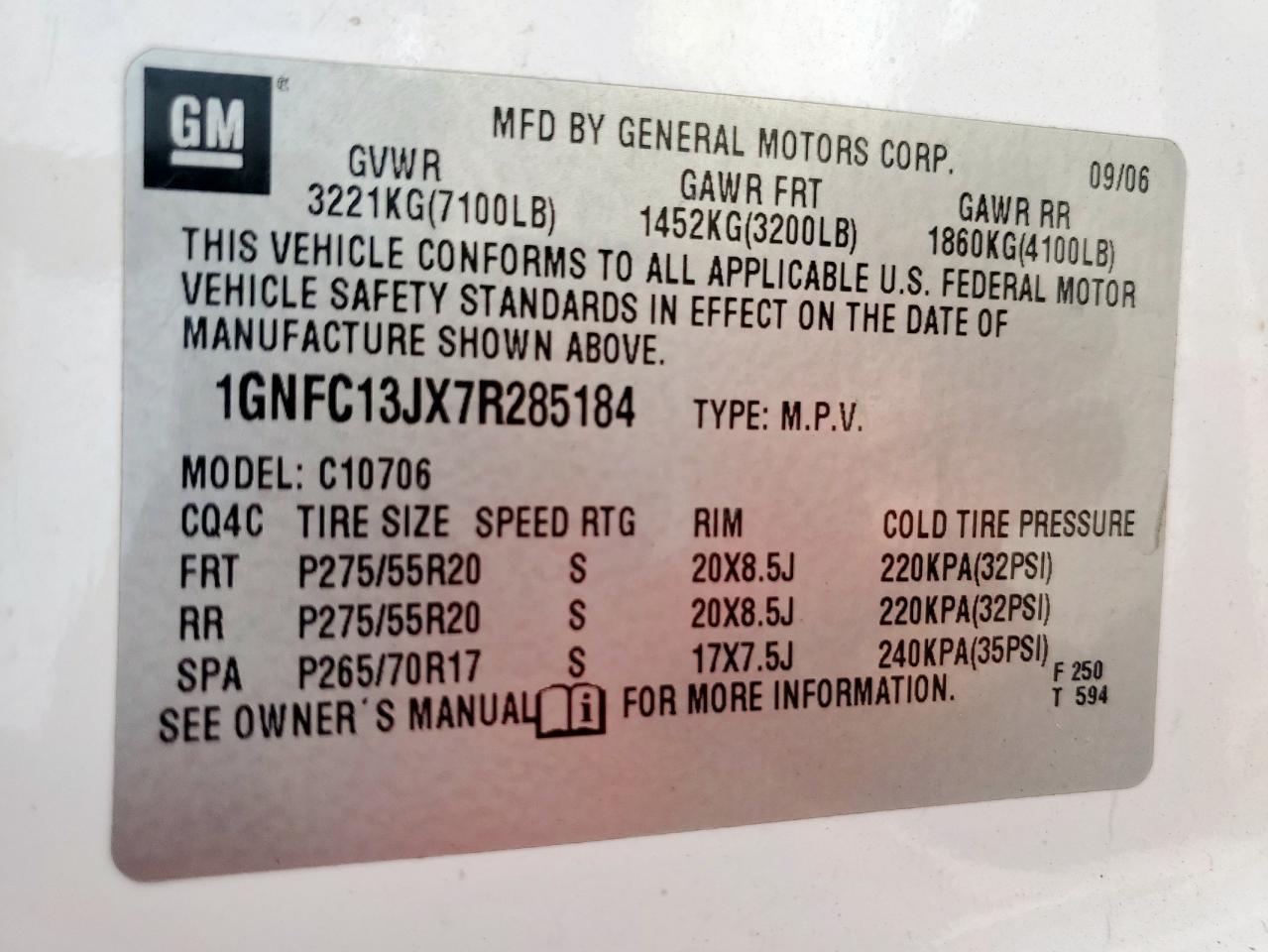 2007 Chevrolet Tahoe C1500 VIN: 1GNFC13JX7R285184 Lot: 80849975