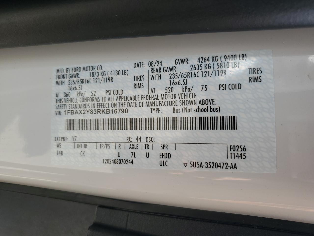 2024 Ford Transit T-350 VIN: 1FBAX2Y83RKB16790 Lot: 81676865