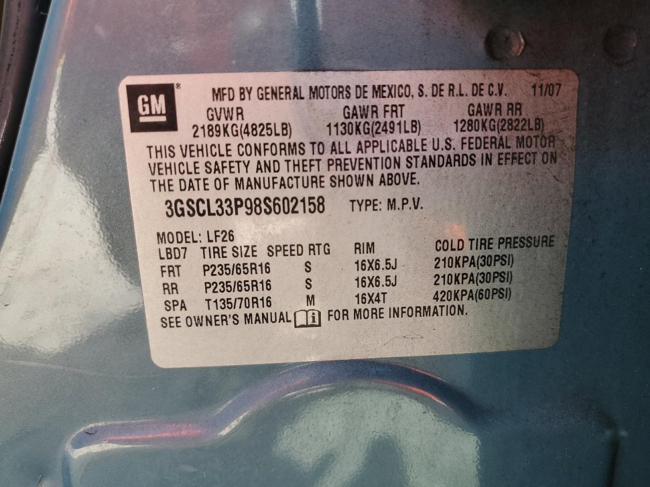 2008 Saturn Vue Xe VIN: 3GSCL33P98S602158 Lot: 81950245