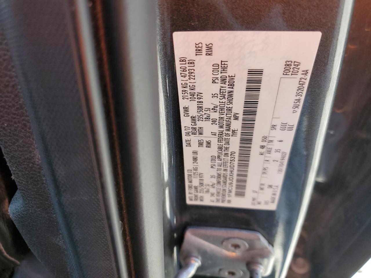 2017 Ford Escape Titanium VIN: 1FMCU9JDXHUD75370 Lot: 80217015