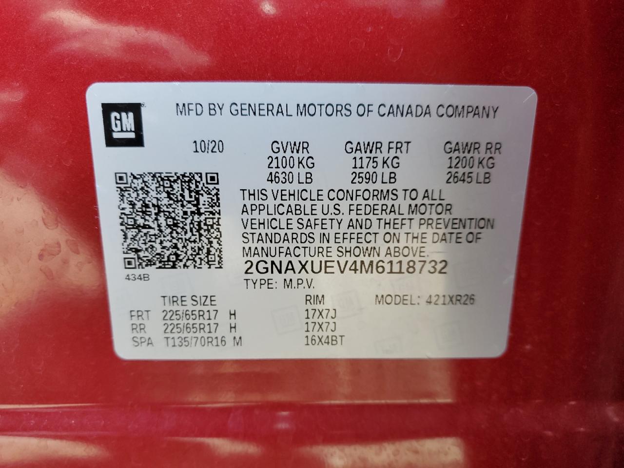 2021 Chevrolet Equinox Lt VIN: 2GNAXUEV4M6118732 Lot: 84264295