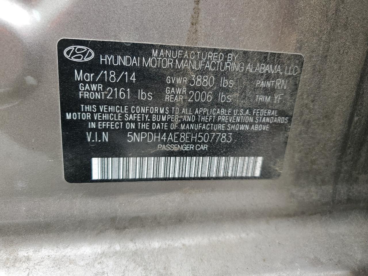 2014 Hyundai Elantra Se VIN: 5NPDH4AE8EH507783 Lot: 81858465