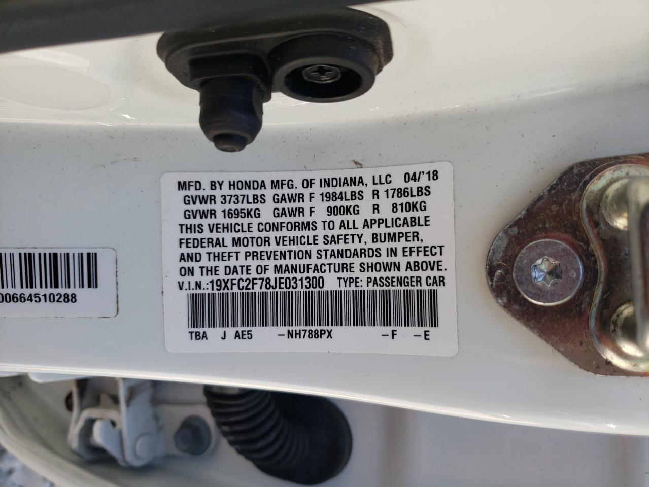 2018 Honda Civic Ex VIN: 19XFC2F78JE031300 Lot: 81248985