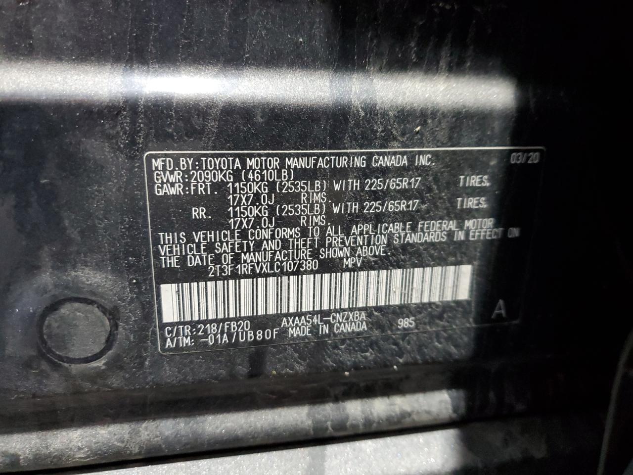 2020 Toyota Rav4 Le VIN: 2T3F1RFVXLC107380 Lot: 80373415