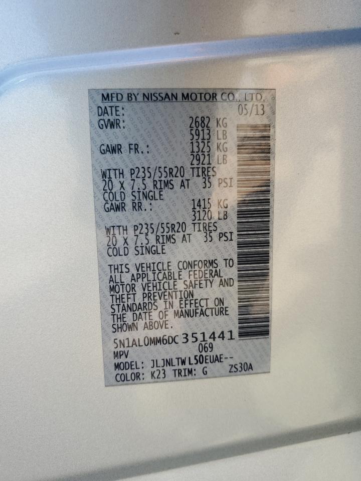 2013 Infiniti Jx35 VIN: 5N1AL0MM6DC351441 Lot: 71021005