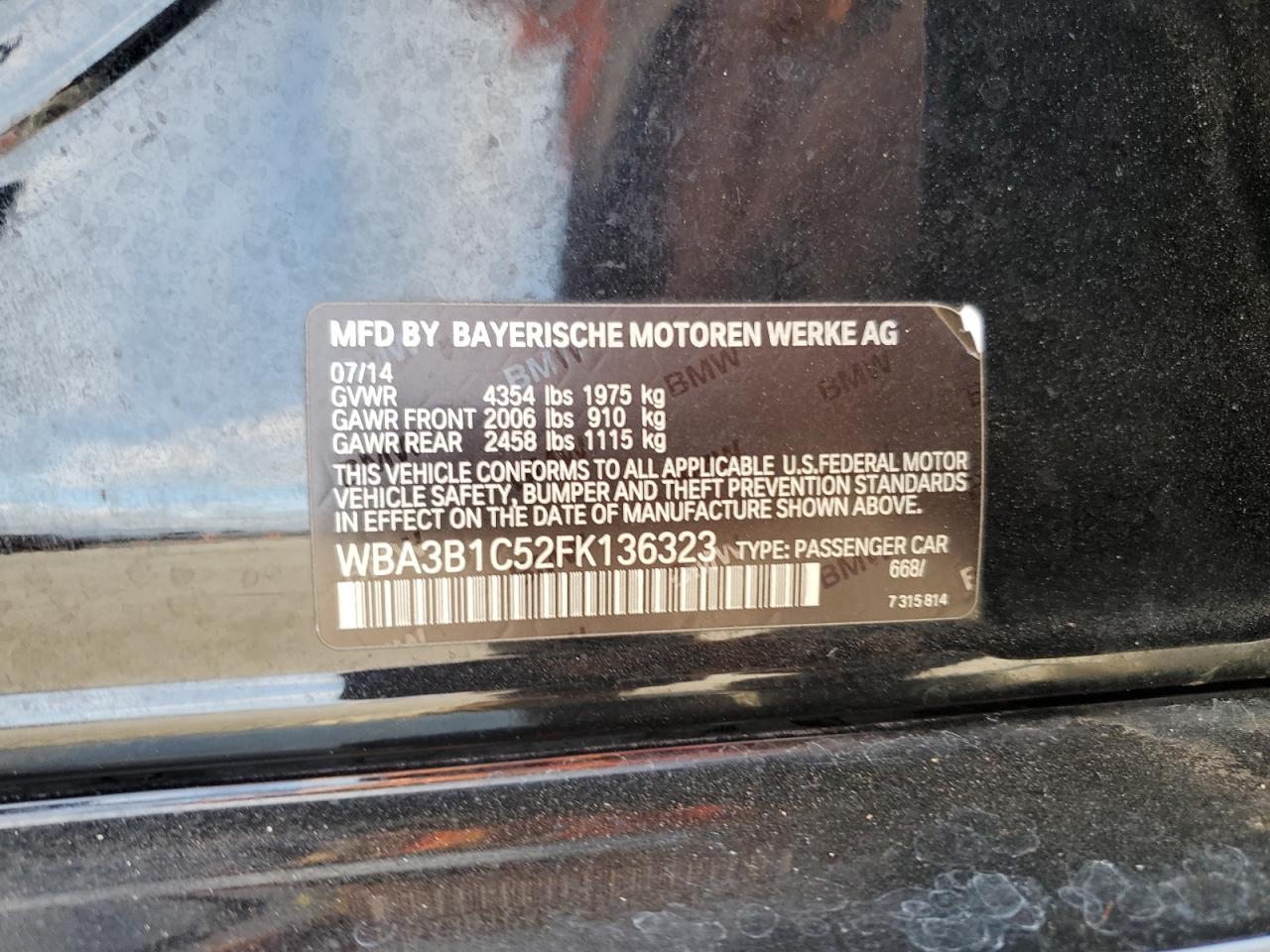 2015 BMW 320 I VIN: WBA3B1C52FK136323 Lot: 80215945