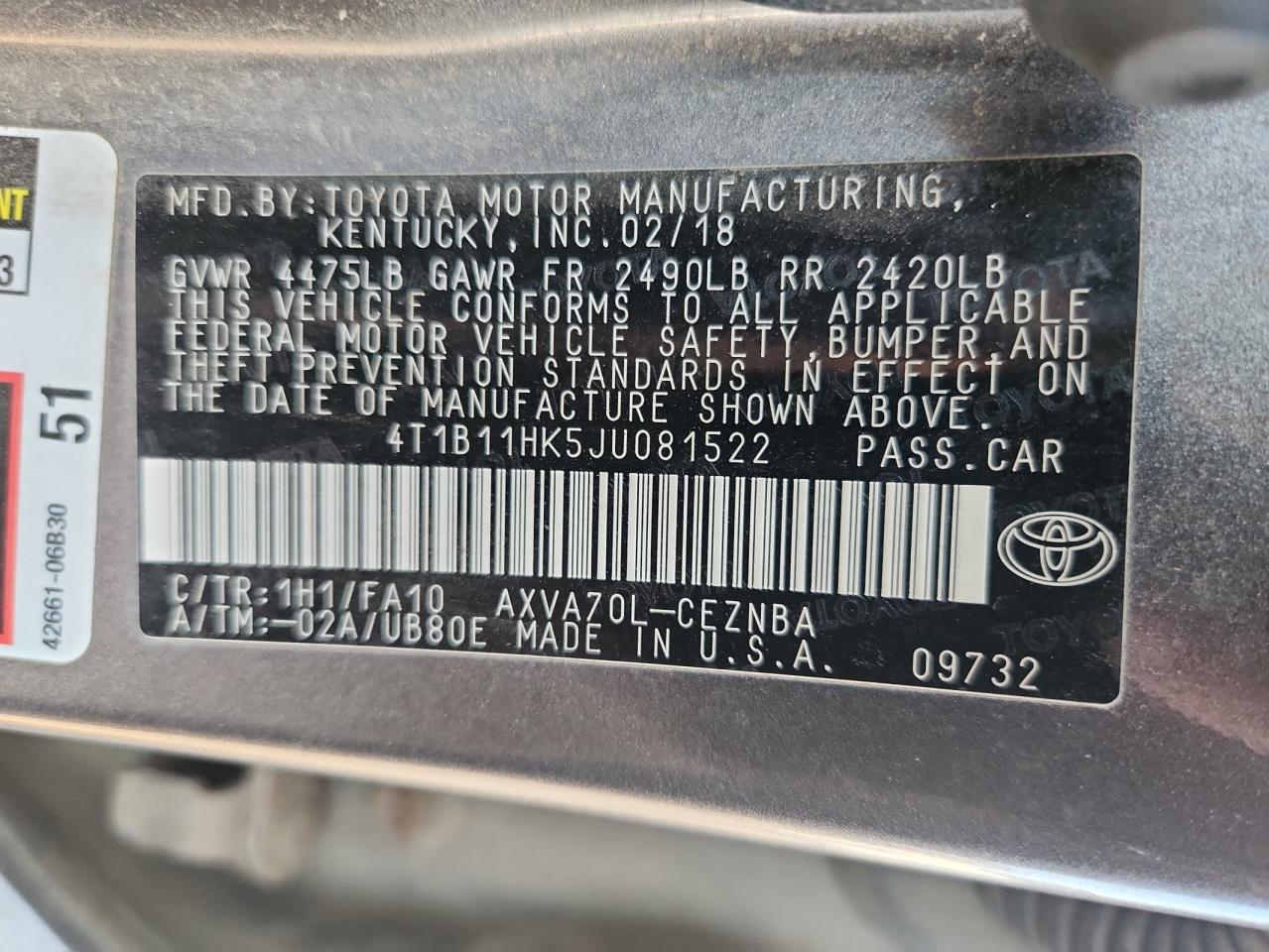 2018 Toyota Camry L VIN: 4T1B11HK5JU081522 Lot: 80012085