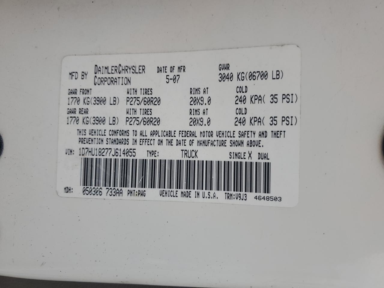 2007 Dodge Ram 1500 St VIN: 1D7HU18277J614055 Lot: 71263025