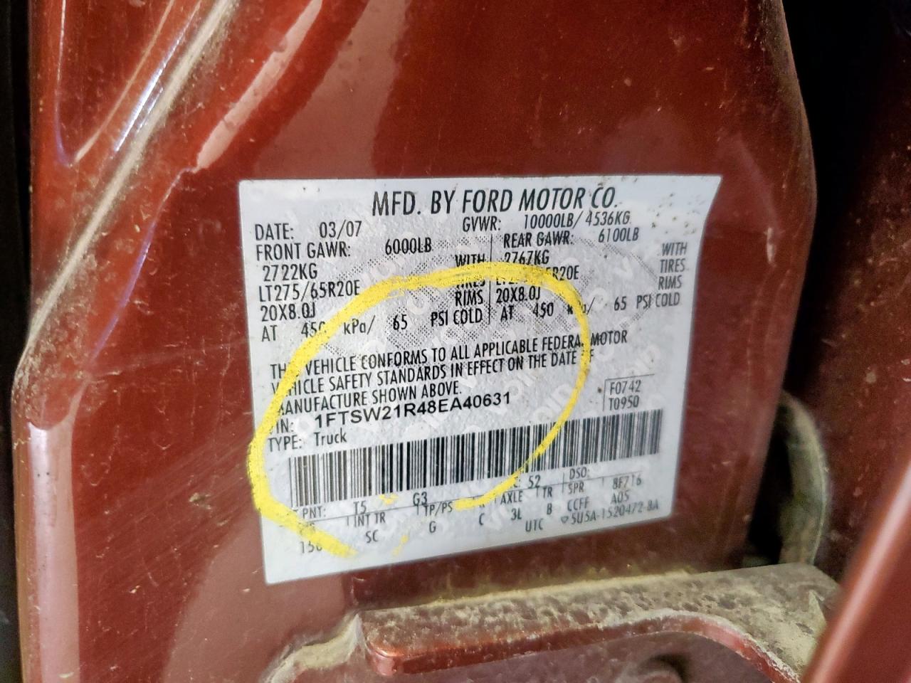 2008 Ford F250 Super Duty VIN: 1FTSW21R48EA40631 Lot: 81605855