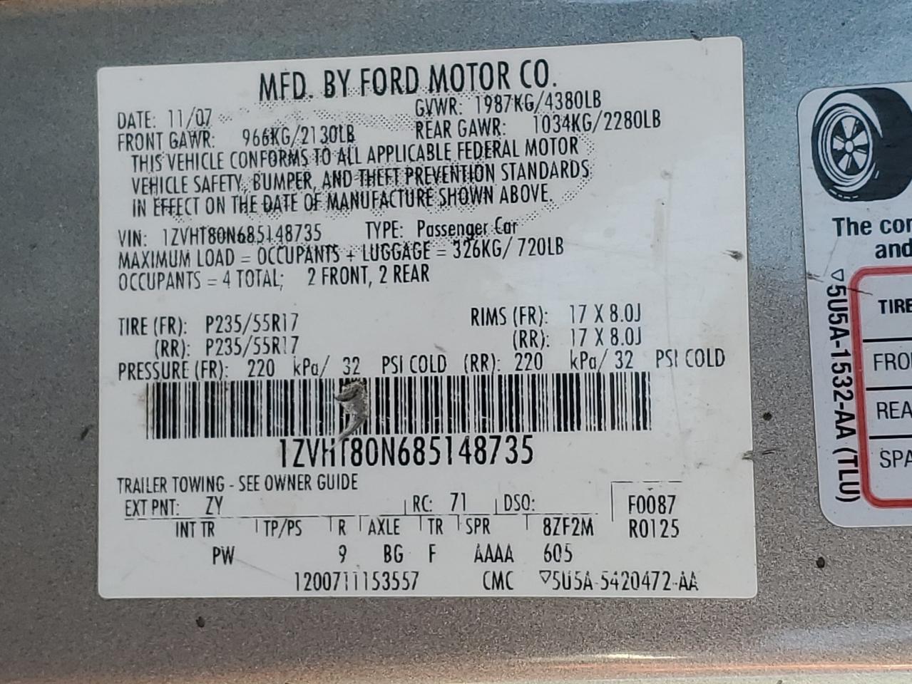 2008 Ford Mustang VIN: 1ZVHT80N685148735 Lot: 81946345