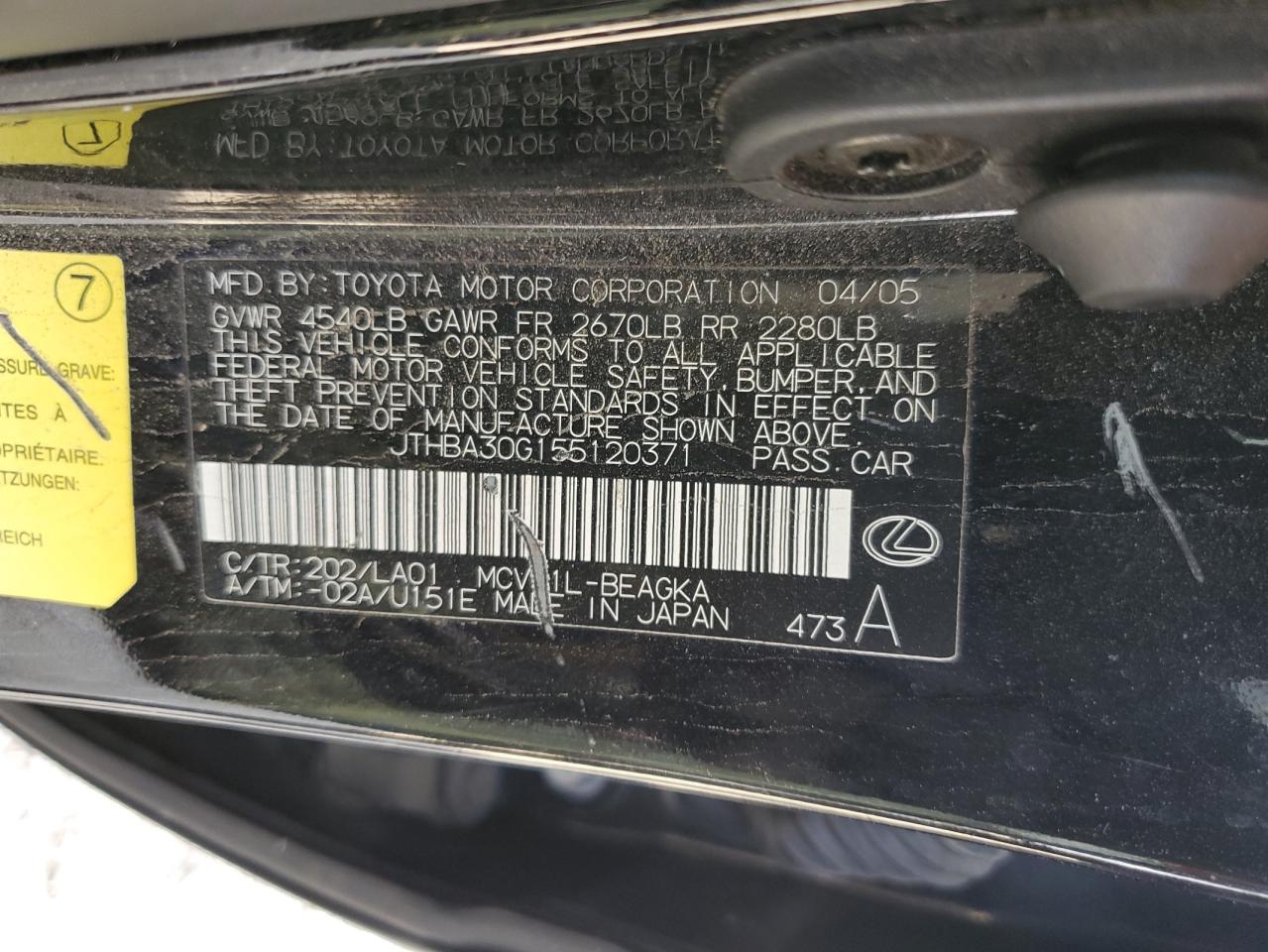 2005 Lexus Es 330 VIN: JTHBA30G155120371 Lot: 81906465