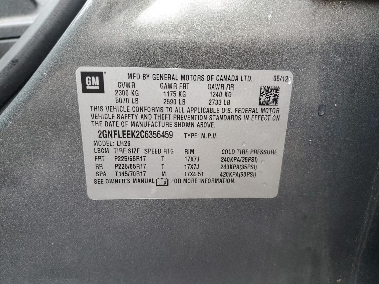 2012 Chevrolet Equinox Lt VIN: 2GNFLEEK2C6356459 Lot: 71792255