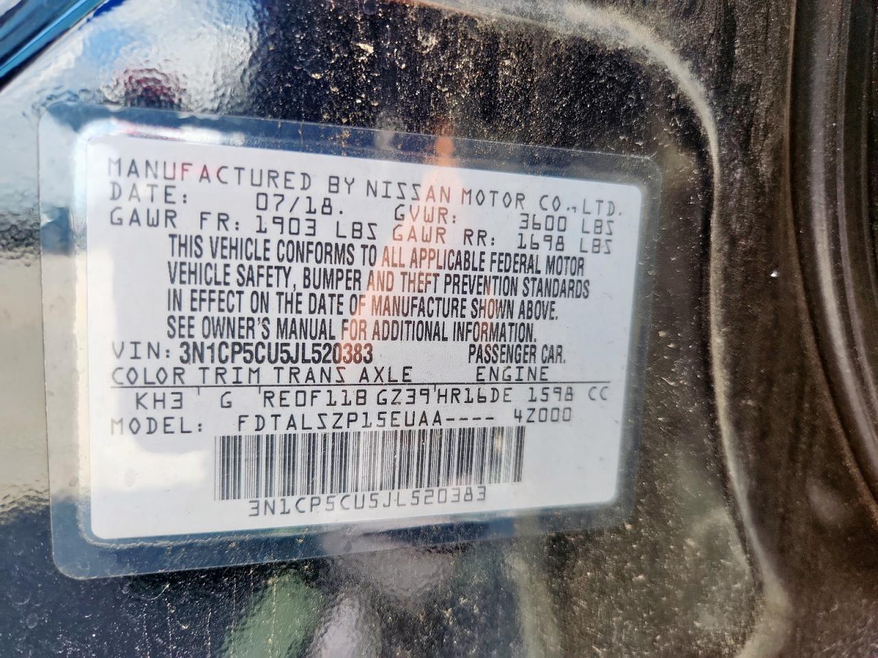 2018 Nissan Kicks S VIN: 3N1CP5CU5JL520383 Lot: 81461425