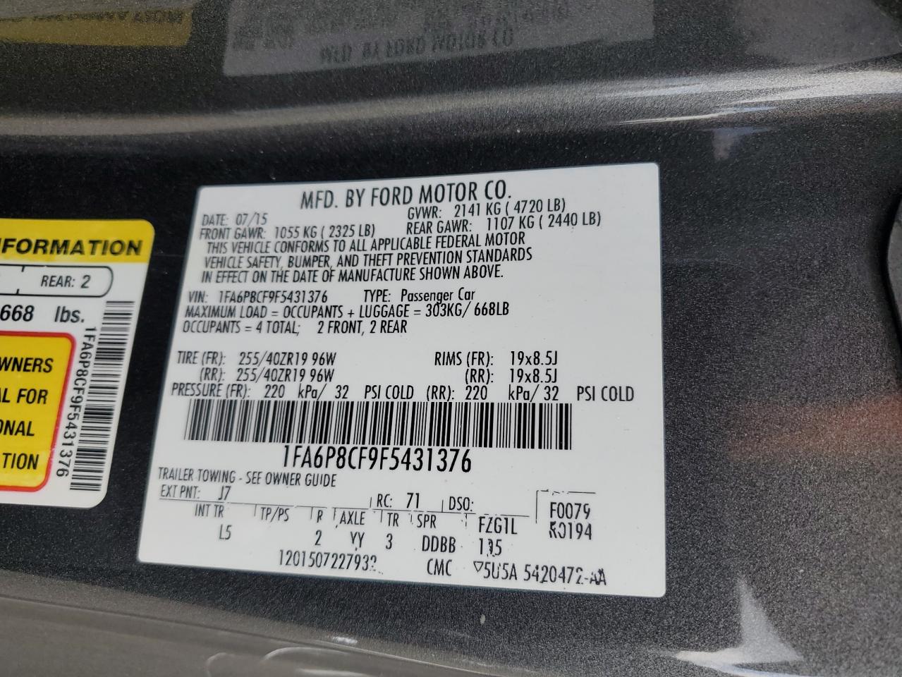 2015 Ford Mustang Gt VIN: 1FA6P8CF9F5431376 Lot: 72066935