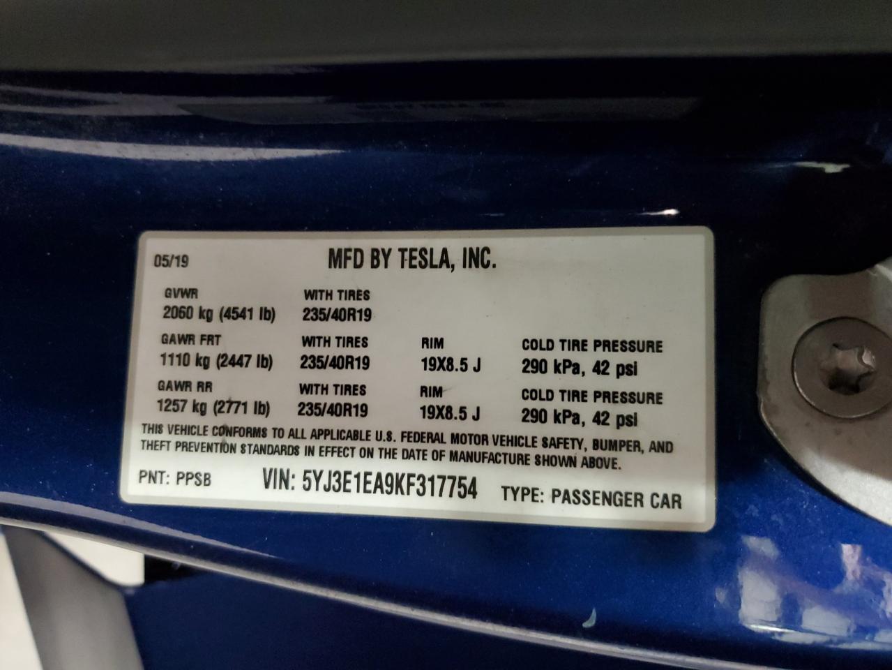 2019 Tesla Model 3 VIN: 5YJ3E1EA9KF317754 Lot: 80782335