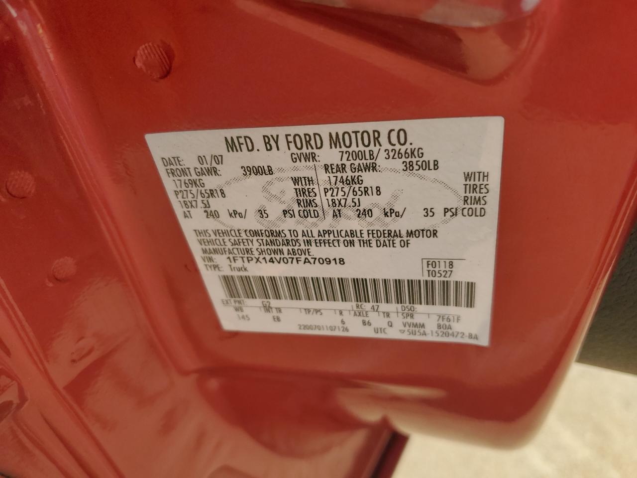 2007 Ford F150 VIN: 1FTPX14V07FA70918 Lot: 84019505