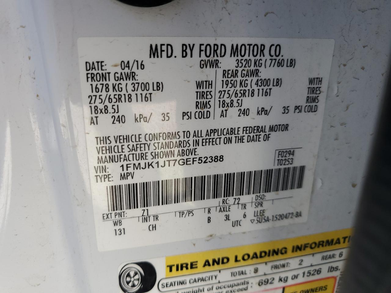 2016 Ford Expedition El Xlt VIN: 1FMJK1JT7GEF52388 Lot: 84003745