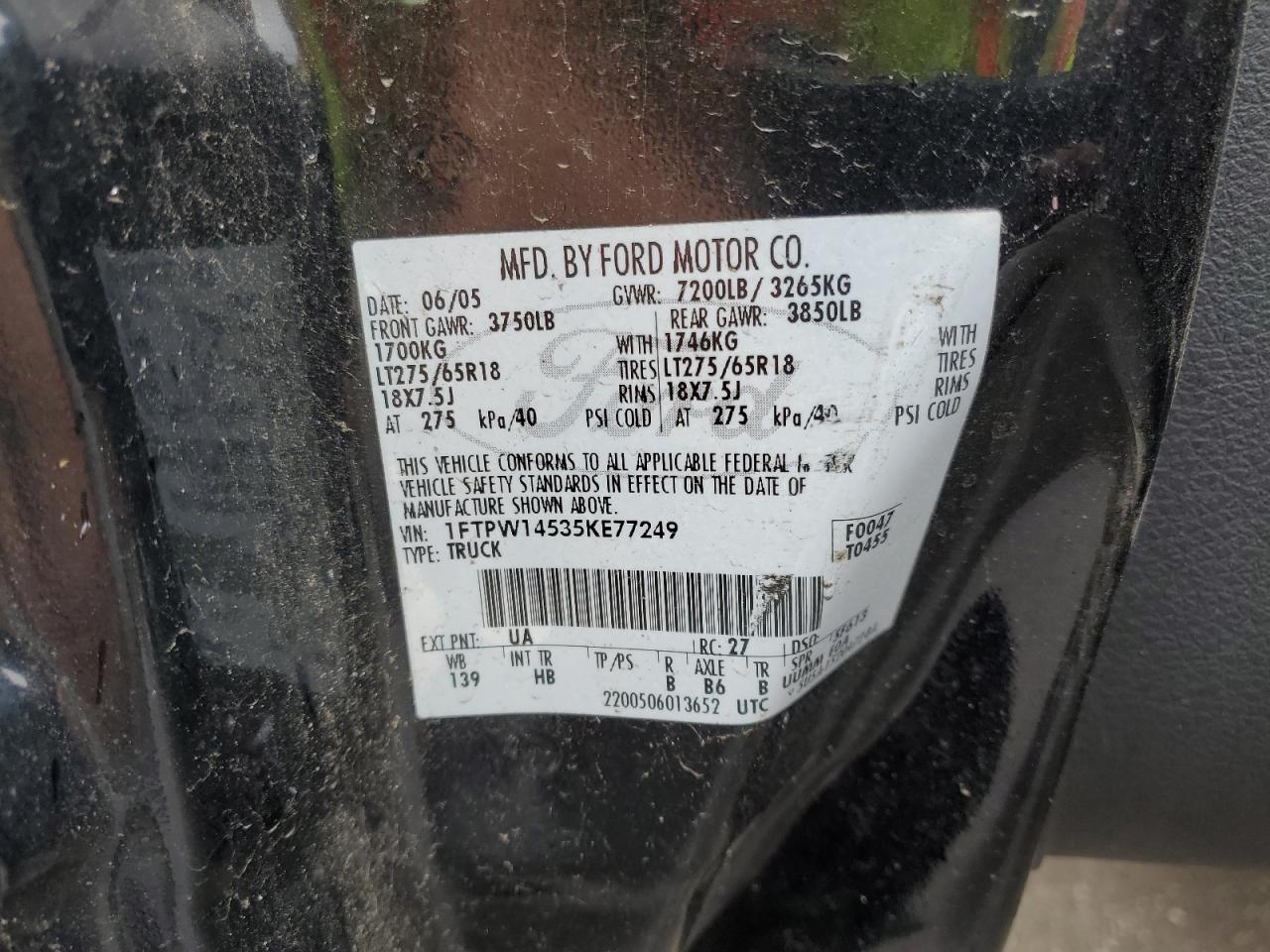 2005 Ford F150 Supercrew VIN: 1FTPW14535KE77249 Lot: 83937935