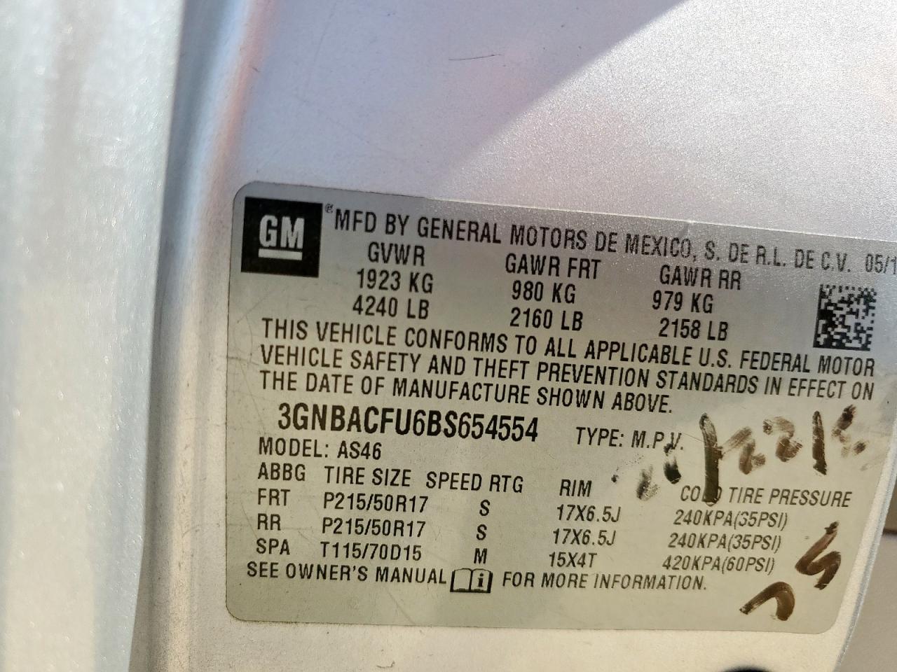 2011 Chevrolet Hhr Lt VIN: 3GNBACFU6BS654554 Lot: 71323545