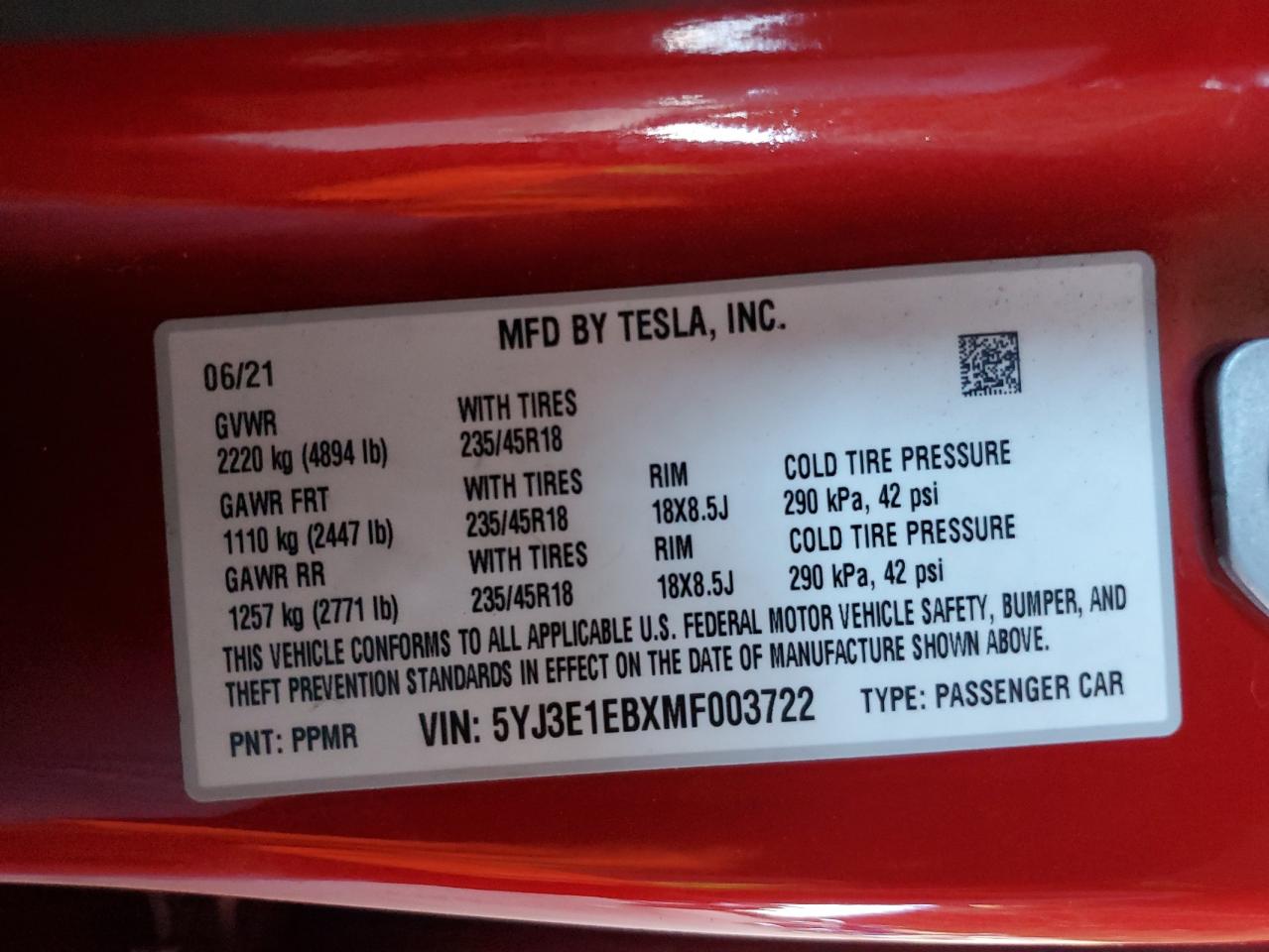 2021 Tesla Model 3 VIN: 5YJ3E1EBXMF003722 Lot: 80218145