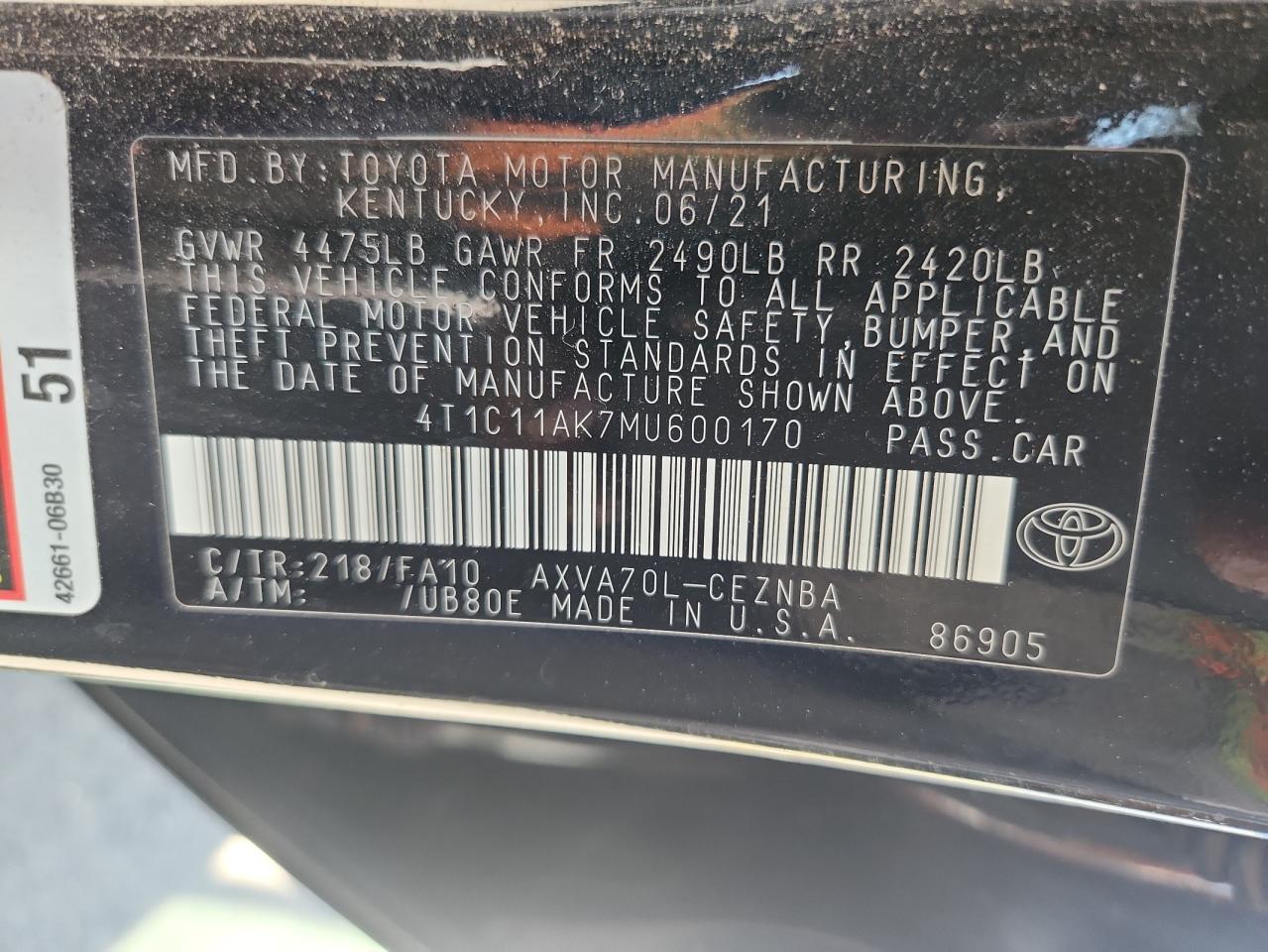 2021 Toyota Camry Le VIN: 4T1C11AK7MU600170 Lot: 81105525