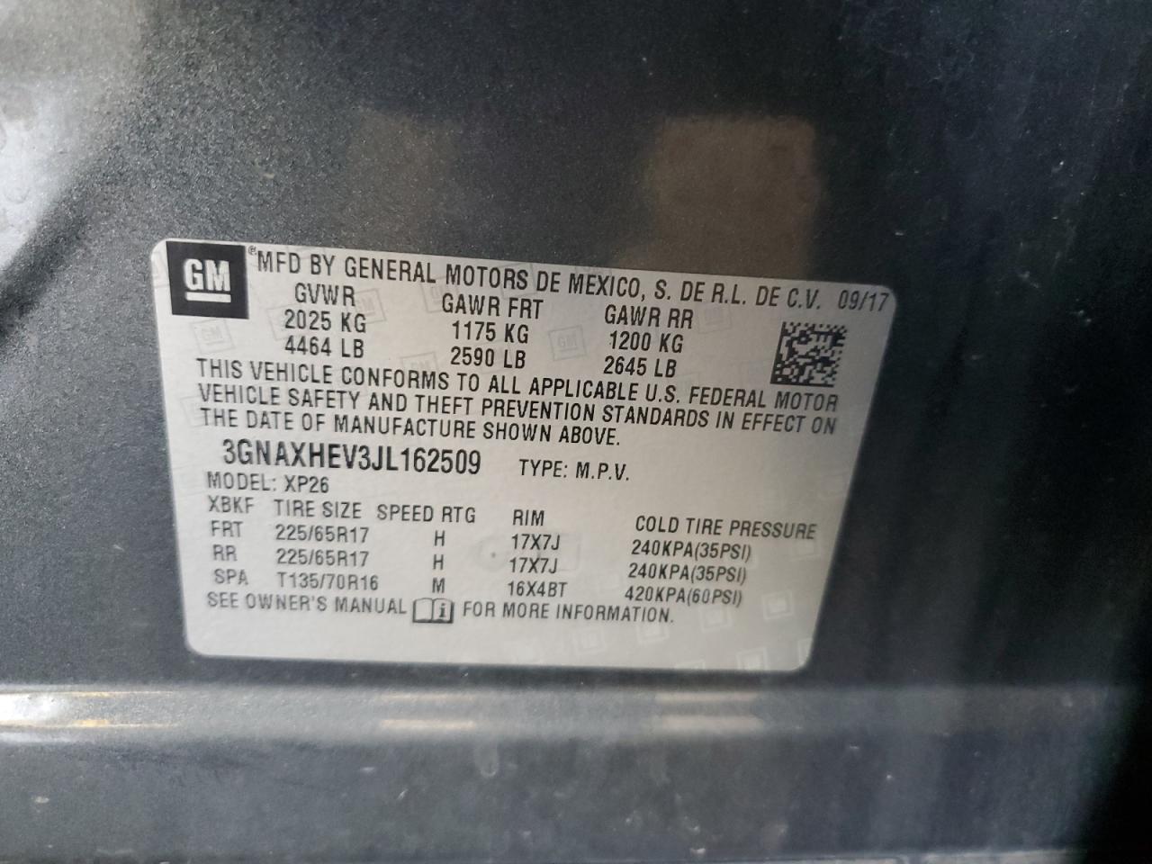 2018 Chevrolet Equinox Ls VIN: 3GNAXHEV3JL162509 Lot: 72018175